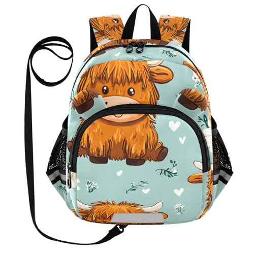 Kid's Backpack for Boys & Girls Toddler Bag Orange Highland Cattle Pattern Backpack with Safety Leash