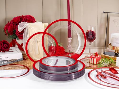 U-QE 200PCS Red Plastic Plates - Clear Red Plastic Plates Disposable Heavy Duty - Include 100 10" Dinner and 100 7" Dessert Platos for Party