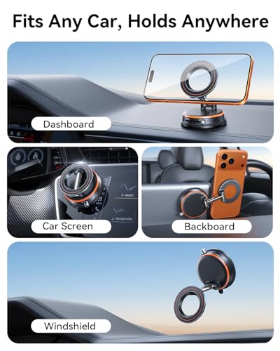 Image of Pro Vacuum Magnetic Car Phone Holder for Magsafe 98+ LBS Strong Suction Cup Phone Mount for Car Dashboard Windshield Screen 360 Adjustable & Foldable Cell Phone Car Mount for iPhone & Android