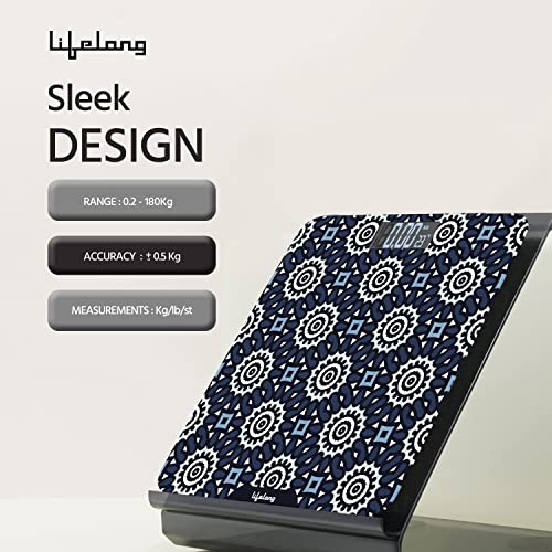 Image of Lifelong Azure Weighing Scale (LLWS72 Indian Cultural Series - Gujarat)|Digital Weight Machine for Body Weight|6mm Thick Tempered Glass with LCD Display|Bathroom Weighing Scale (Blue)