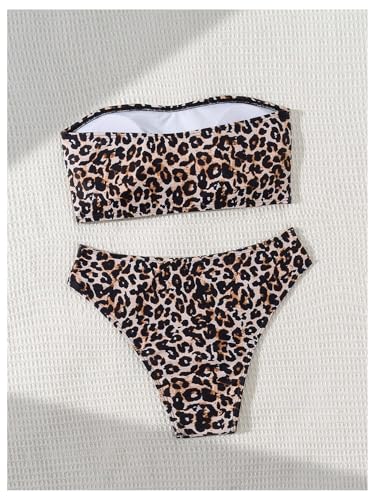 MakeMeChic Women's Bandeau Bikini Sets Strapless Tropical Print High Cut 2 Piece Bathing Suit2