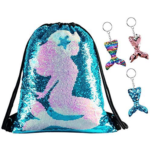 Bolso tipo mochila con lazo y lentejuelas sirena con llavero de sirena, lentejuelas reversibles...