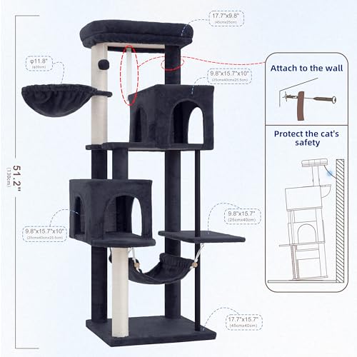 Image of Gitelsnour Cat Tree Tower with Sturdy Steel Tube for Indoor Cats GCT014G | 51.2'' Cat Furniture with Scratching Posts, Hammock, Basket and Padding Top Platform for Inoor Cats Large Adult, Drak Gray