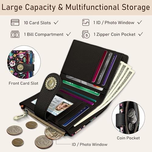 Image of Kelvoris Skull Small Rfid Women Wallet Bifold Zipper Coin Pocket PU Leather Compact Cash Credit Card Holder Travel Wallet for Female Ladies Teen Girls 1 ID Window 10 Card Slots Day of The Dead