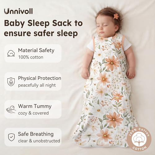 Image of Baby Sleep Sack 0-6 Months 0.5 Tog Baby Wearable Blanket 100% Cotton Sleeping Sack with 2-Way Zipper for Newborn Infant White Brown Flowers