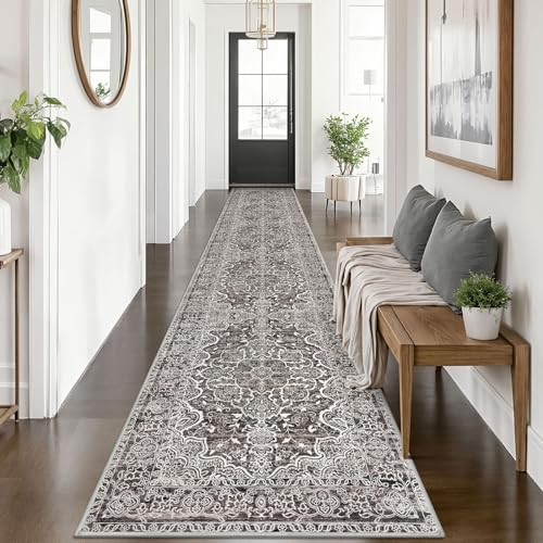 KUTA Vintage Medallion Washable Runner Rug 2.6x14, Non-Slip Hallway Kitchen Rugs Tan Grey with Rubber Backing, Ultra Soft Printed Floral Extra Long 14ft Carpet Runners Indoor for Stairs