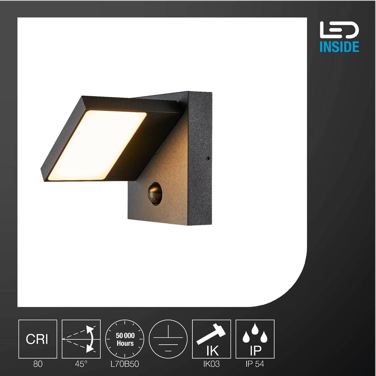 SLV luminaria de superficie de pared ABRIDOR SENSOR / iluminación para paredes, caminos, entradas, foco led de exterior, luminaria de superficie de exterior / IP54 3000/4000 K 14 W 750 lm antracita