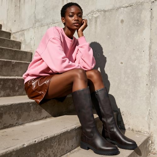 Image of VIUGJNEX Knee High Boots Women Low Heel Flat Chunky Fall Tall Riding Boots | Round Toe Boots, Platform Block Heeled Boots, Lug Sole Long Riding Boots, Low Heel Flat Boots with Side Zipper