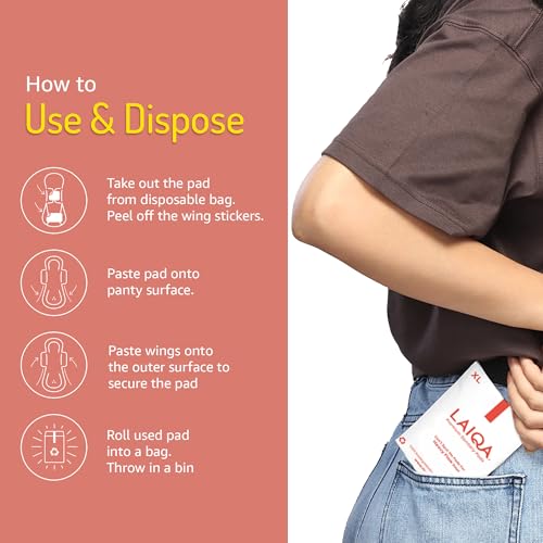 Image of LAIQA Sanitary Pads For Women XL - 15 Pads With 15 Disposable Bags & 3 Panty Liners | Cotton Soft Rash-Free Comfort | Double-Wing Leak Protection | Toxin-Free & BIS Certified