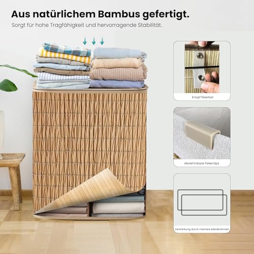 Wäschekorb mit Deckel, Wäschesammler aus Rattan mit Griff, abnehmbare und waschbare Innenhülle, verstärkte Bambusstreifen an der Innenwand (Natural, 72L (40 x 30 x 60 cm))