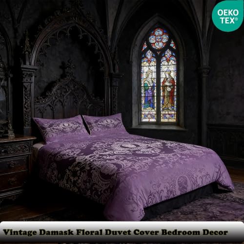 Housse de couette floral damassé style oriental et gothique violette