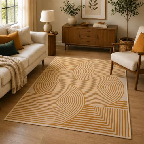 Image of Digital Print Carpet | Microfiber Nylon Digital Print with Anti Skid Carpet | Vintage Style, Carpet for Bedroom, Dining Room, Hall, Entryway, Guest Room | Geomatric Beige 4x6 Feet