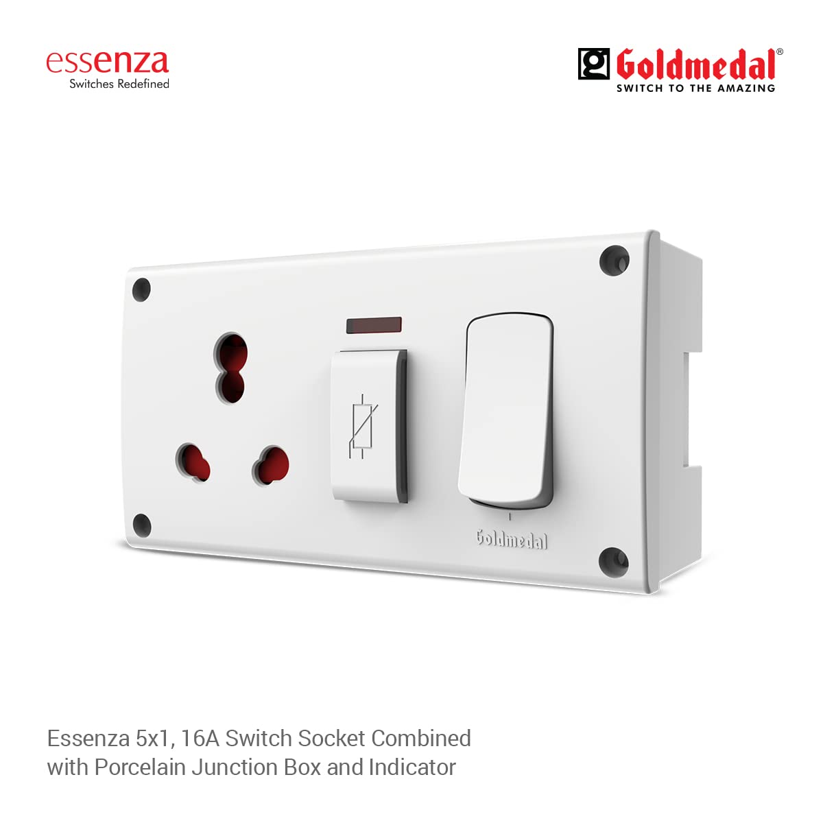 Goldmedal Essenza 16A Switch Socket with Junction Box | Modular 5 in 1 Combined Plate with Switch & Indicator | Heavy-Duty Power Socket for Home & Office Use | White — Amazon image 2