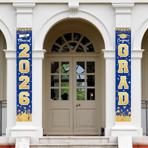 Image of 2026 Graduation Party Decorations - Blue Gold Class of 2026 Congrats Grad Porch Sign Banner Hanging Flag Graduation Party Supplies for School College Classroom Decor