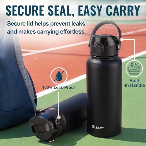 Image of OLDLEY 32oz Insulated Water Bottle with 2-in-1 Straw & Chug Lid, Leakproof Stainless Steel Bottle, Double Wall Vacuum Insulated Water Bottle for Sports, Gym, Travel,Black
