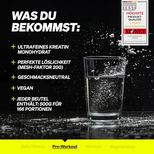 natural elements Creatin Monohydrat 2er Set – 2x 500g ultrafeines Pulver (Meshfaktor 200) – 332 Portionen reines Kreatin – hochdosiert – vegan, ohne unnötige Zusätze – laborgeprüfte Qualität 4