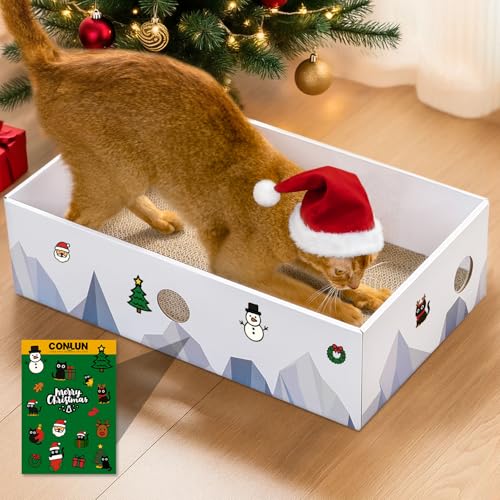 Conlun Katzen Kratzbrett mit Box, Großes Kratzmöbel, Beidseitige Kratzpappe für Katzen, Interaktive Öffnungen, Kratzbett für Wohnungskatzen, mit Katzenminze (1 Stück, Groß, Weiß) Conlun Katzen Kratzbrett mit Box, Großes Kratzmöbel, Beidseitige Kratzpappe für Katzen, Interaktive Öffnungen, Kratzbett für Wohnungskatzen, mit Katzenminze (1 Stück, Groß, Weiß)