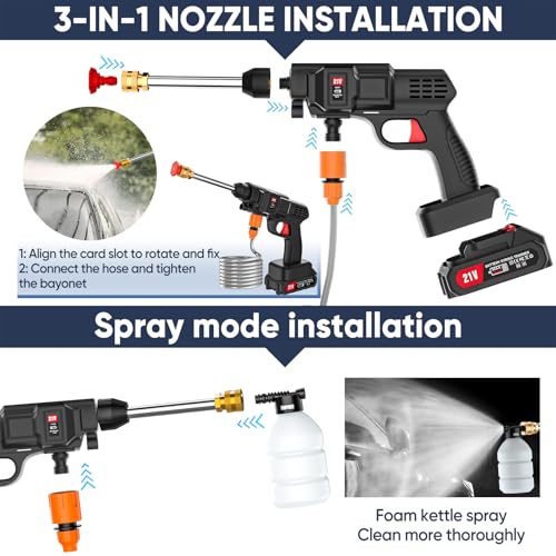 21V 38Bar High Pressure Cordless Pressure Washer, 5L/Min Portable Pressure Washer With Battery, 5M Hose 6-In-1 Adjustable Nozzle, Pressure Cleaner For Car Floor Garden Cleaning Watering (2 Batteries) - 5