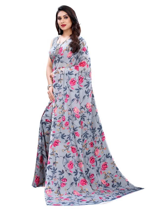 Image of Women's Floral Printed Georgette Saree with Unstitched Blouse Piece