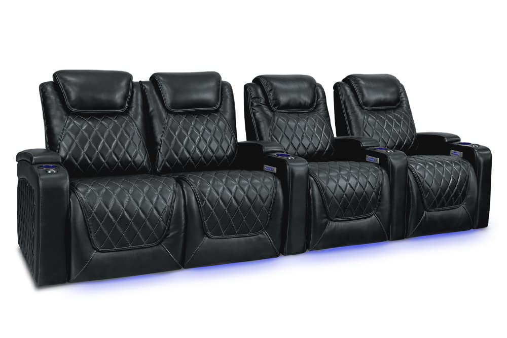 Valencia Oslo Home Theater Seating | Premium Top Grain Italian Nappa 11000 Leather, Power Recliner, Power Headrest, LED Lighting (Row of 4 Loveseat Left, Black)