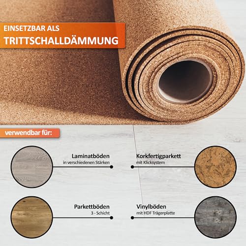 ökologische Trittschalldämmung TRECOR Rollenkork/Trittschallkork - Stärke 2 mm - Dichte: 200 kg/m³ - 10 m² Rolle