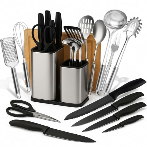 Kit complet de couteaux et ustensiles de cuisine de 17 pièces en acier inoxydable (couteaux de cuisine, set ustensile cuisine, bloc à Couteaux et planche à découper inclus). Accessoires de Cuisine