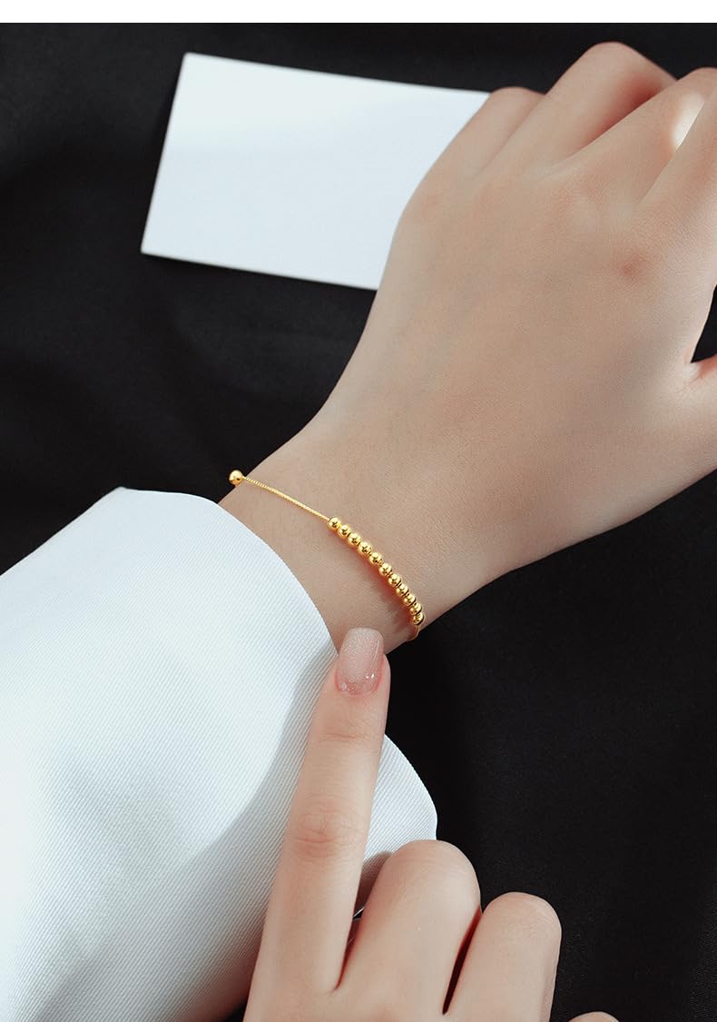 Pulsera De Plata，Pulsera De Cuentas Redondas Simples De Plata De Ley 925 De Alta Gama Con Cierre De Langosta Ajustable, Joyería Energética Para Mujer.