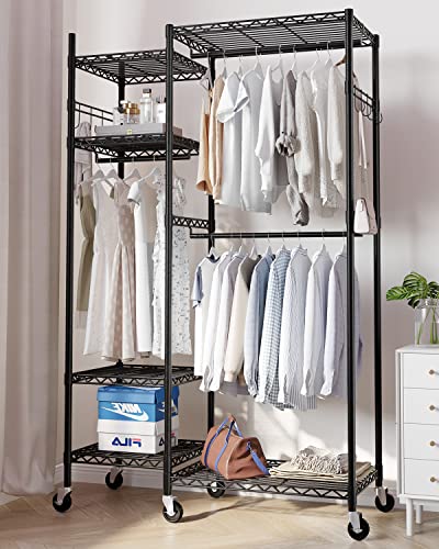 Hokeeper Heavy Duty Portable Closet Rack With Rubber Wheels, Rolling Wire Garment Rack For Hanging Clothes, Metal Adjustable Freestanding Clothes Racks With 6 Shelves, Wardrobe Clothing Storage Rack #TOP12