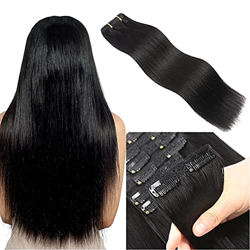 18 Inch Clip In Human Hair Extensions 100g, Remy Human Hair Double Weft, 7 Pieces/lot with 16Clips, Black (Clip In 18" - #1, 100g)