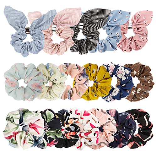 TOBATOBA 18pcs Hair Scrunchies Flowers Elastic Hair Bands Scrunchy Hair Ties Ropes Scrunchie Hair Scrunchies Bunny Ears Hair Bow Chiffon Ponytail Holder for Women