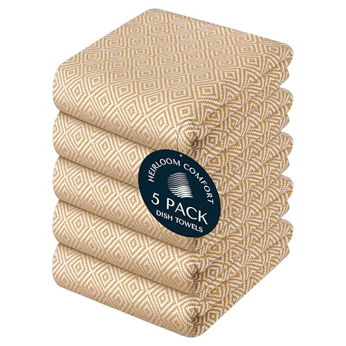 Khaki Kitchen Towels, 5 Pack, 100% Cotton, 40x66 cm, Super Absorbent and Quick Dry, Diamond Weave Towel Set, Reusable, Durable Dish Cloths for Kitchen Use, Cleaning & Drying Dishes