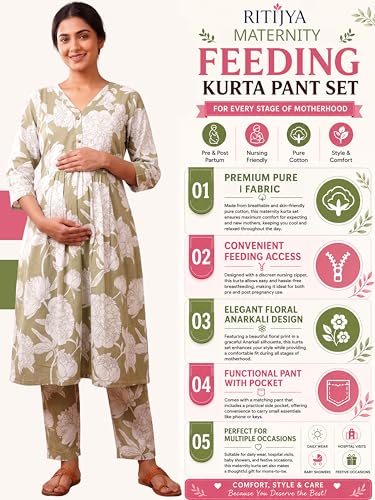 Image of RITIJYA Pure Cotton Feeding Kurta Pant Set for Women | Floral Anarkali Pregnancy Dress with Concealed Nursing Zipper Side Pocket | Pre & Post Partum | Maternity Dresses | Baby Shower Outfit