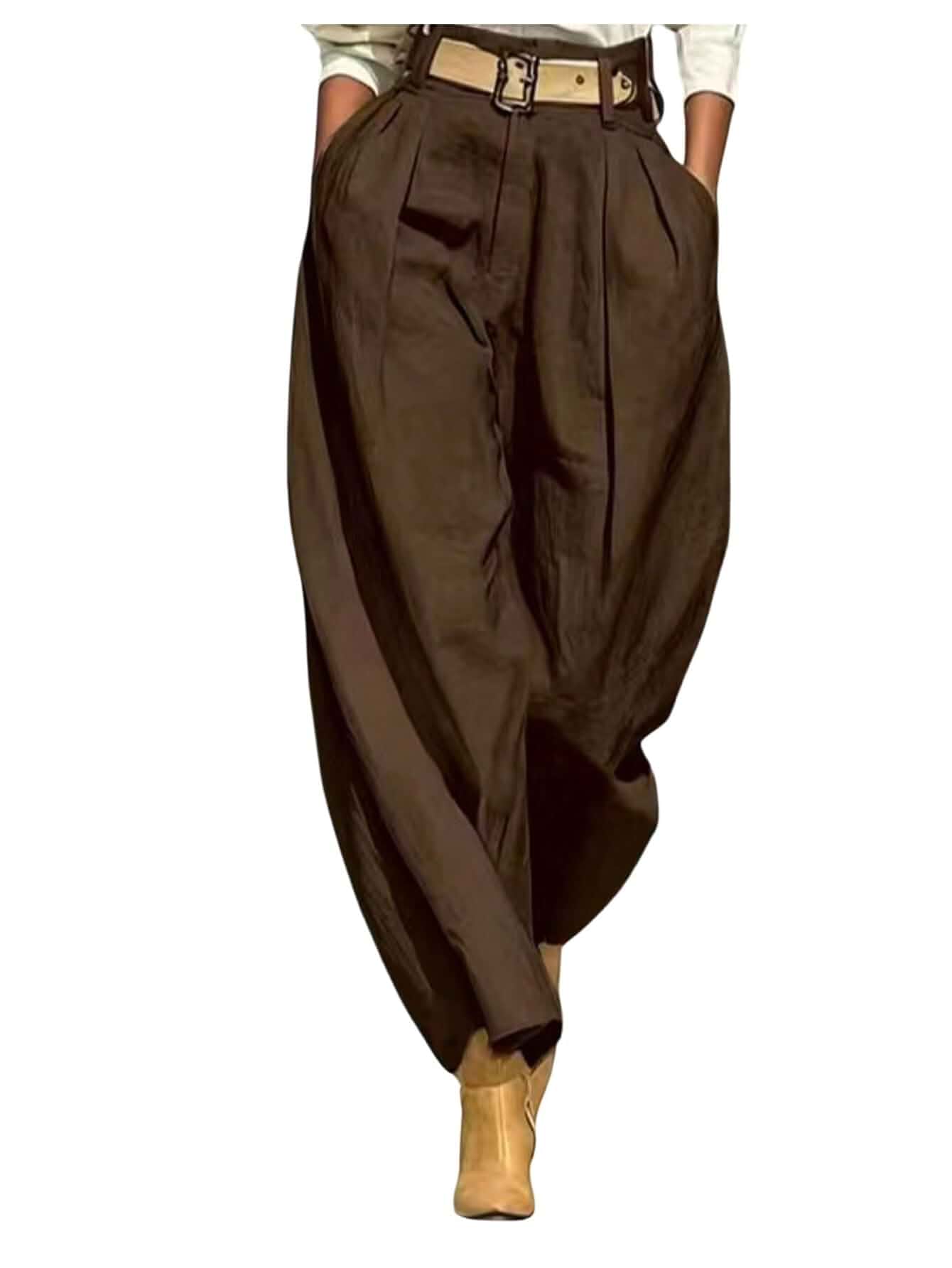 GORGLITTER Women's Pleated Barrel Pants Baggy Wide Leg High Waisted Dress Pants Business Casual Trousers with Pockets