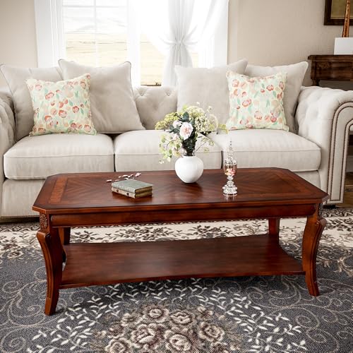 LEEMTORIG Vintage Wood Coffee Table for Living Room, 47 inches Rectangular 2-Tier Coffee Tables with Storage Shelf, Traditional Mid Century Queen Anne Style Cocktail Table, Cherry Walnut KFZ-A1168-WD