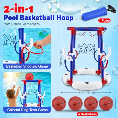 Pool Basketballkorb für Kinder, Water Basketball mit 4Poolbällen +1 Pumpe+ 12 Ringe–Pool Spielzeug Wasserbasketballkorb Spielzeug Erwachsene für Jugendliche/Kinder Poolparty Sommer Wasserspielzeug