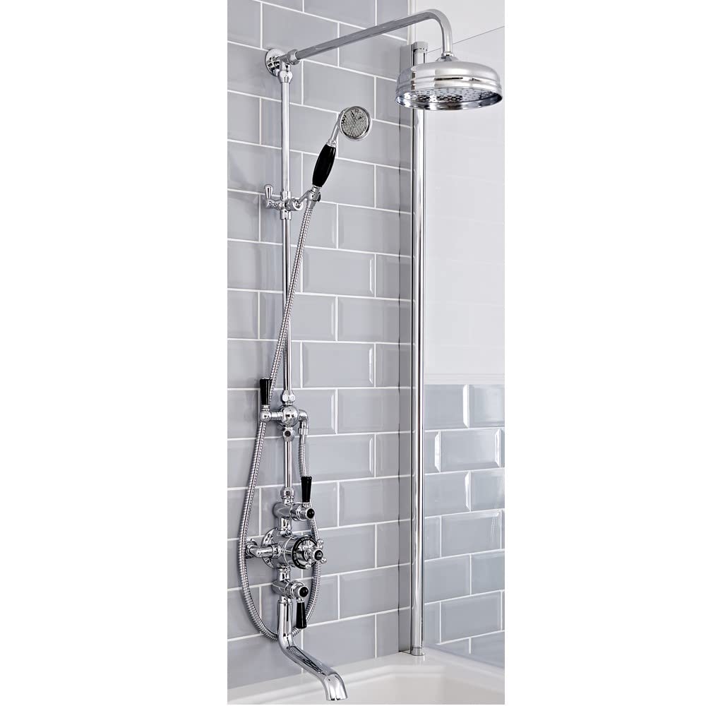 Milano Chrome & Black Elizabeth Rigid Riser Thermostatic Mixer Valve Round Shower Head Handset Bath Spout - Chrome