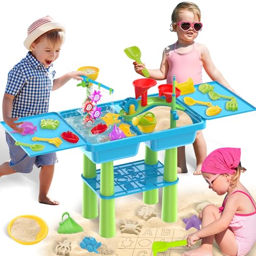 deAO Table de Jeux d'eau et de Sable 3 en 1 Pliable pour Enfants, Table d'Activités avec 24 Accessoires avec Roue à Aube, Moules, Bateau et Canne à Pêche,...