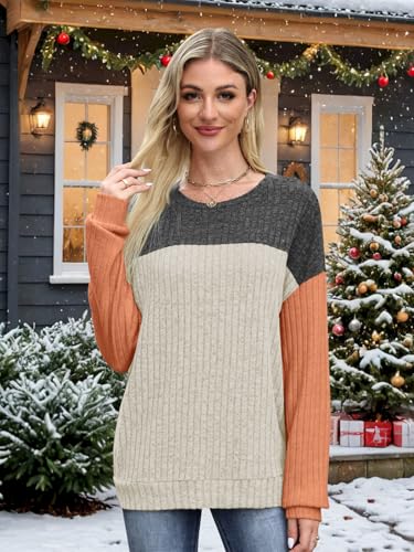 MixShe Womens Sweaters Color Block 2025 Fall Fashion Crewneck Tunic Tops S-XXL