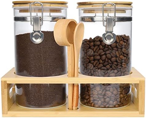 Glass Coffee Containers with Airtight Locking Clamp Bamboo Lids,2Pcs 45oz BPA Free Coffee Canister Set Bean Storage with Scoop and Measuring Spoon,Large Capacity Glass Food Storage Jars for Tea Sugar
