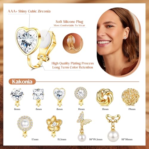 Kakonia Clip on Earrings Women, Gold Clip on Earrings for Women, Clip Earrings for Women, Women's Clip-on Earrings, Clip on Stud Dangle Earrings, Pearl Bow Butterfly Non Pierced Earrings2