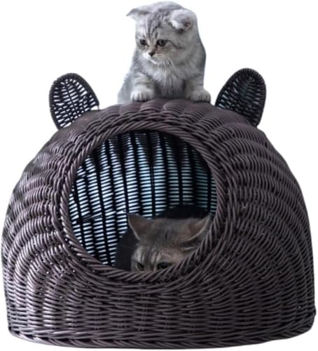 GEBYUI猫ハウス 藤編み ペットベッド 四季通用 天然素材 安全 猫ケージ キャットハウス 夏 ねこ 小型犬ベッド ドーム型 手編み 猫耳 かわいい
