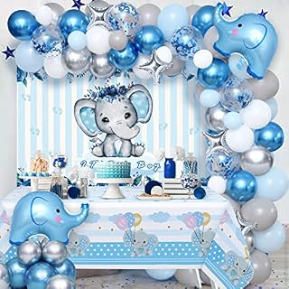 vamei 95 Pcs Baby Shower Decorations Boys Baby Shower Balloon Arch Kit Blue Elephant Party Decorations Baby Shower Party Supplies Backdrop Table Cloth Birthday Blue Balloons Star Foil Balloon