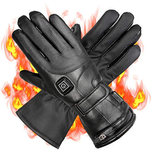 Wodesid Electric Heated Gloves Rechargeable Leather Gloves for Men Women Heating Thermal Gloves Motorcycle Ski Snow Warmer Mitten Glove Arthritis for Winter Outdoor Indoor Sports (Leather Gloves)