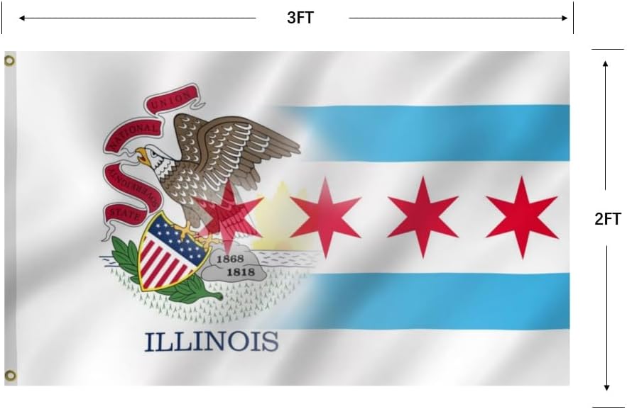 Chicago And Illinois Combination Flag 2X3FT, Chicago City And State Friendship Flags,Both Sides Printed, Men Women Banner,Vibrant Colors, Double Stitched with 2 Brass Grommets, Bar Garden Street Decoration, GYM, Office Decor,Indoor Outdoor Use,Gifts. (IL-Chicago, 2x3ft)