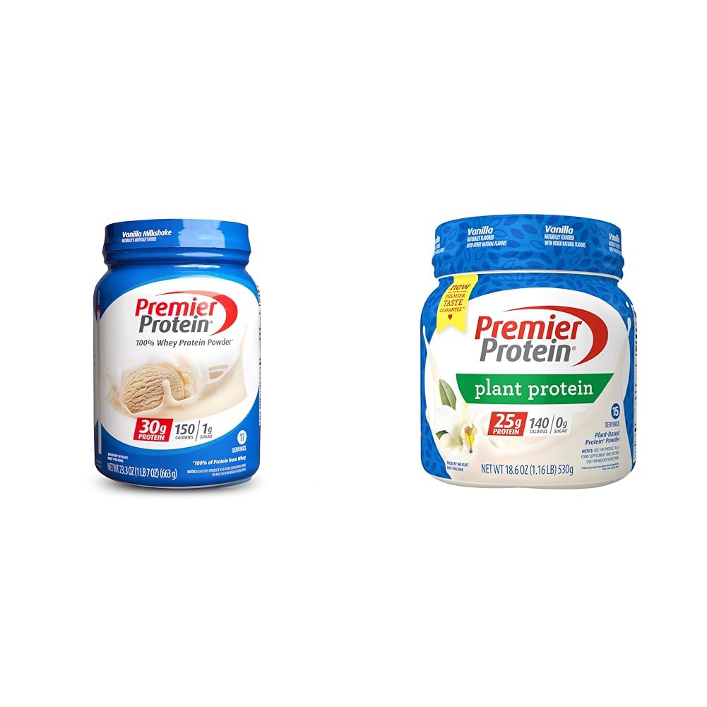 Premier ProteinPowder Bundle - Vanilla Milkshake Whey, 30g Protein, 17 Servings & Vanilla Plant Protein, 25g Protein, 15 Servings
