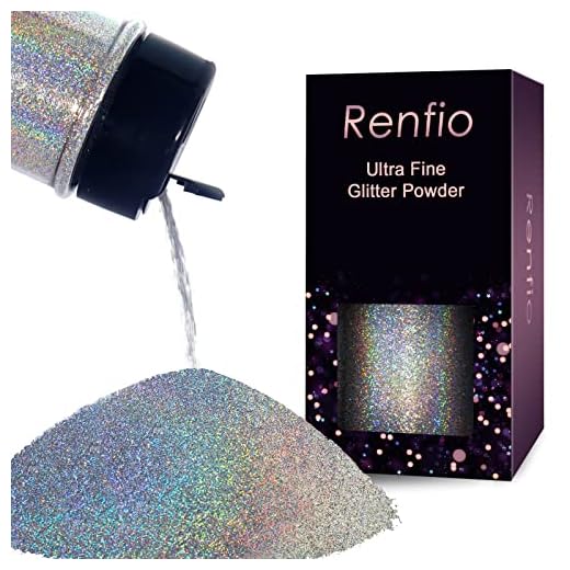 Renfio Holographisches Glitzerpulver, 2.11 Oz (60g) für Gesicht, 1/128" 0.008" 0.2mm Ultra Fein für Garten Deko, Basteln, Nail Powder, Body Haare - Diamant Laser Silber