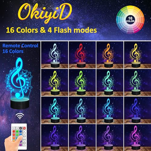 Image of OkiyiD Music Note Gifts for Girls, 3D Illusion Lamp, 3D Music Night Light with 16 Colors Remote and Touch Control, Music Note Decor for Kids Room, Girls Birthday Gifts, FS-2810-9999