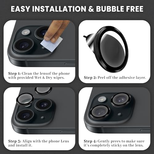 Image of ArmourPro Premium Camera Lens Protector Tempered Glass Compatible For iPhone 15 and iPhone 15 Plus Tough HD Individual Aluminum Alloy Rings 9H Camera Cover , Scratch-Resistant,Camera Lens Protection| Black