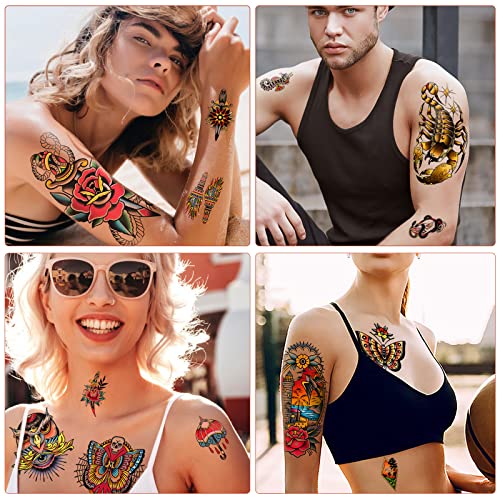 77 Sheets Vintage Temporary Tattoo, Old School Temporary Tatoos Flower Swallows Butterflies Tiger Scorpion Snake Hand Owl Swords For Women Girls And Men, Half Arm Fake Tattoos For Adults Shoulder Arm #TOP4