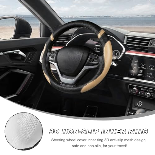 Image of Car Steering Wheel Cover, 15 Inch Premium Leather Breathable Non-Slip Wheels Wrap, Universal Auto Comfortable Steering Wheel Protector for SUV Truck Van, Car Accessories (Beige)